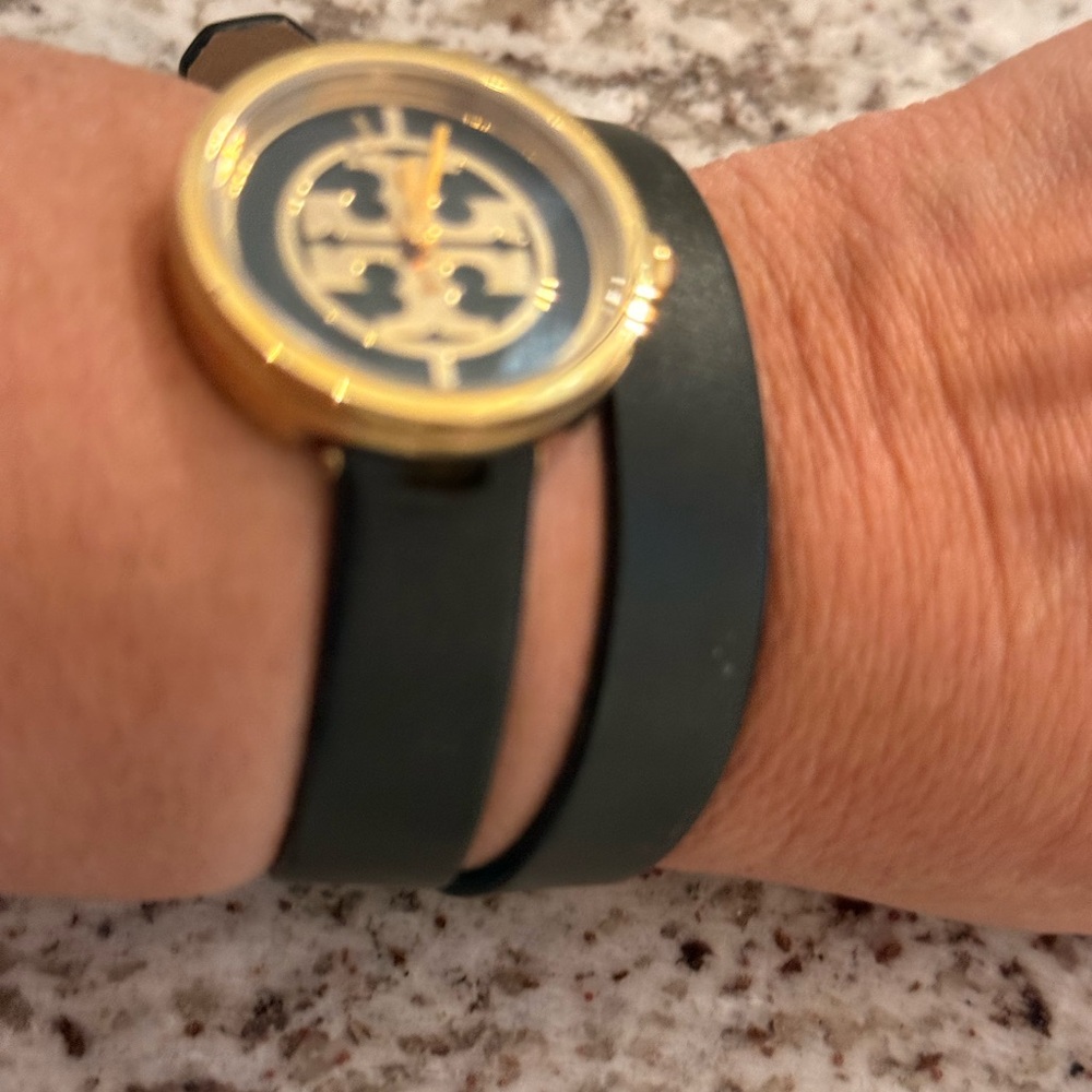 Authentic Tory Burch Gold and Black Double Wrap Watch black leather/gold tone